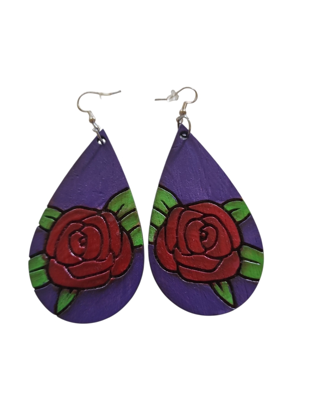 (3)Purple Teardrop Rose Hand-Painted Earrings
